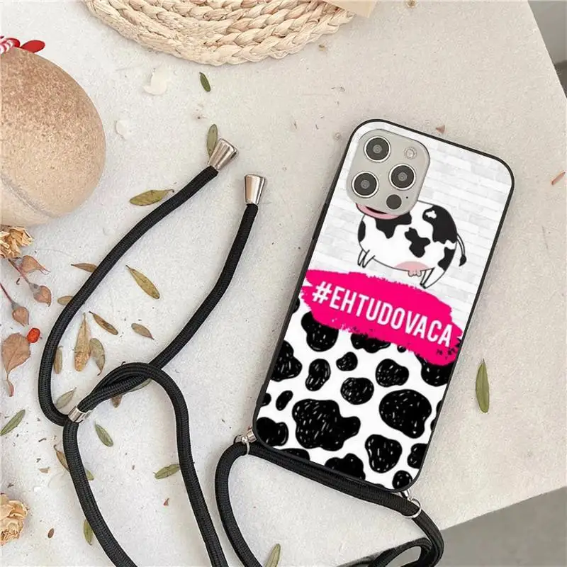 

Cow Print Black White Phone Case For iPhone 7 8 11 12 X XS XR MINI Pro Max Plus Strap Cord Chain Lanyard soft