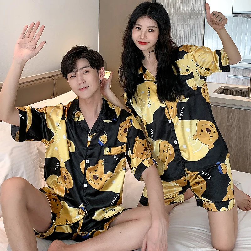 

Couple Pajamas Luxury Sleep Wear Summer Silk Short Sleeved Cardigan Simple 2 Pieces Pajama Sets For Men&Women Lovers Pyjamas