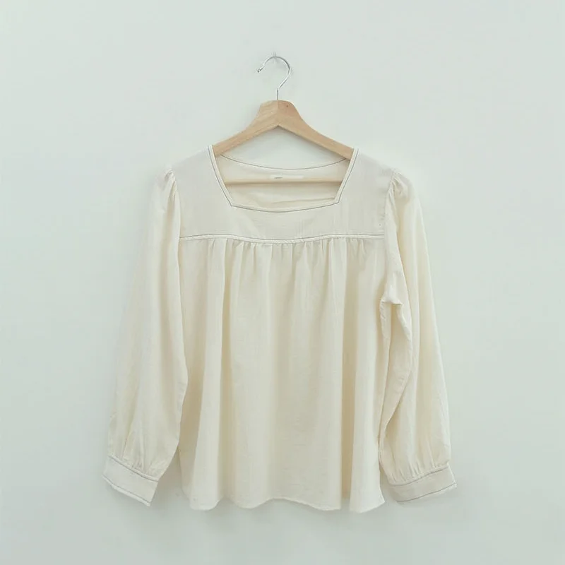 

Elegant Temperament Square Neck Puff Long-sleeved Shirt Simple Solid All Match Women Tops Office Lady Loose Femme Blusas Spring