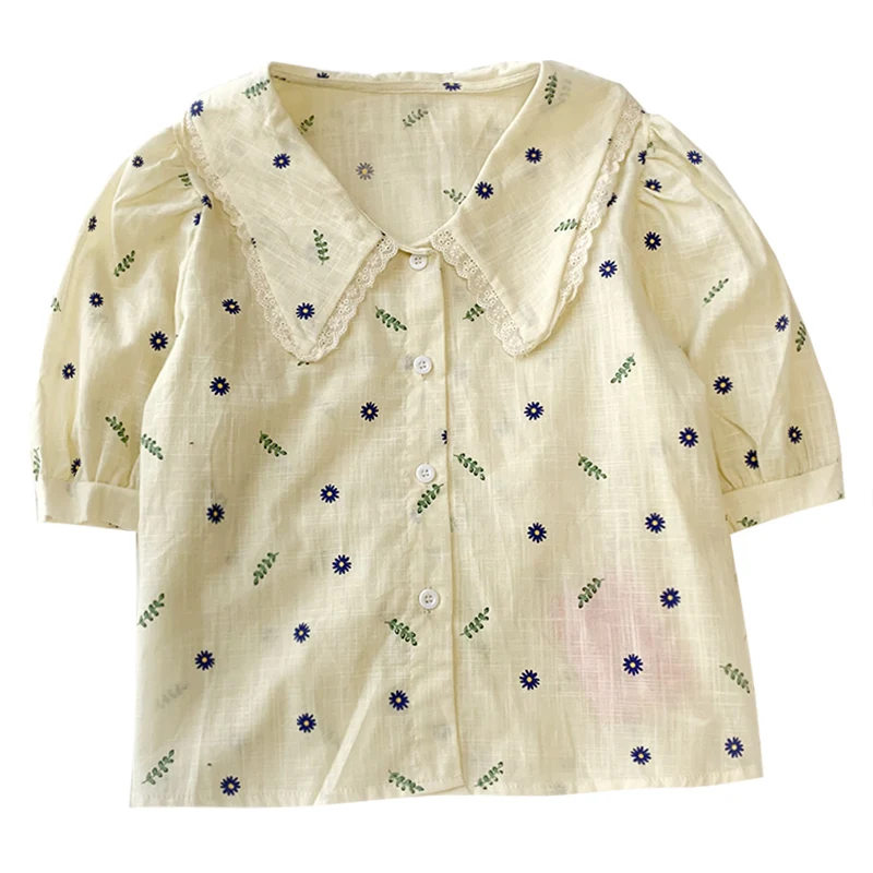 

Sweet Puff Sleeve Japanese Retro Doll Collar Summer Slim Short Shirt