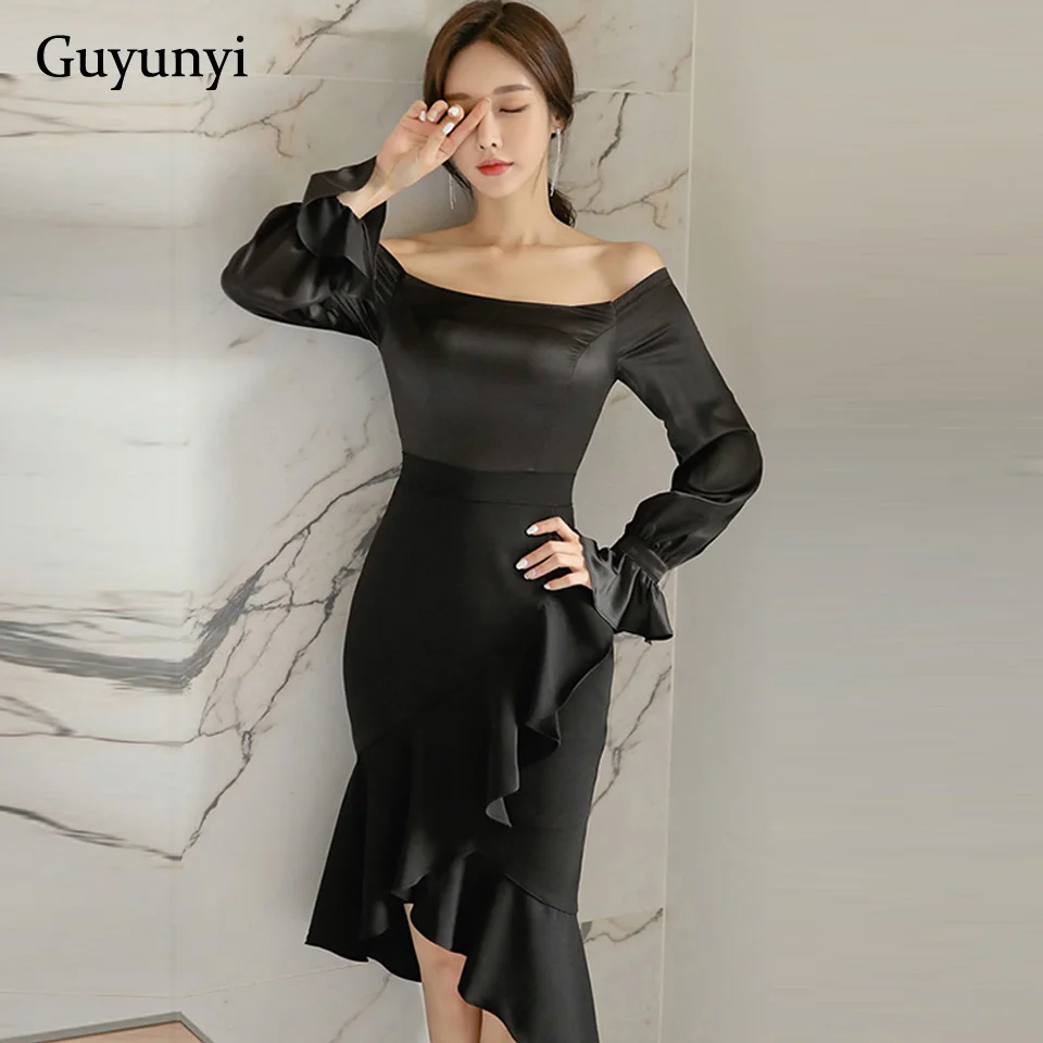 

Elegant Party Dress 2022 Spring Sexy Slash Neck Backless Off The Shoulder Puff Sleeve High Waist Asymmetrical Hem Black Dress