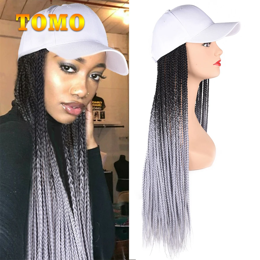 

Black Grey Box Braids Wig Baseball Cap with 24inch Long Hand Made Braiding Hair Heat Resistant Synthetic Wig For Woman Girls
