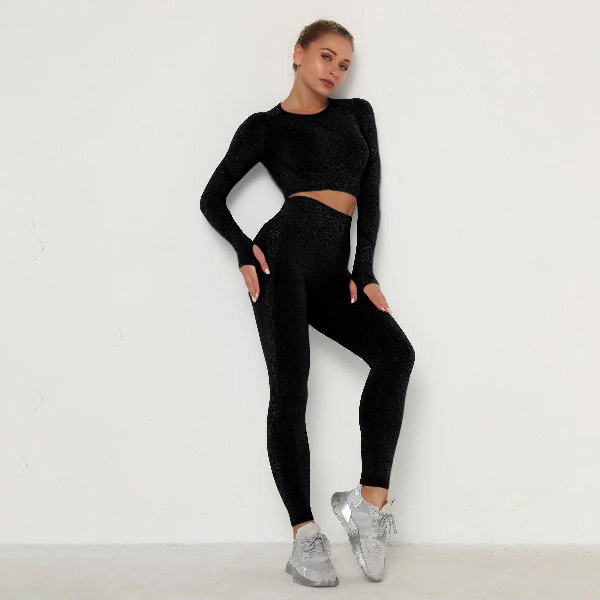 

2PCS Seamless Women Fitness Set Workout Sportswear Gym Clothing Fitness Long Sleeve Crop Top High Waist Leggings Short Suits
