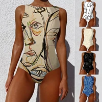 one piece plus size swimsuit women graffiti abstract print wide straps high neck backless swimwear female beachwear dropshipping