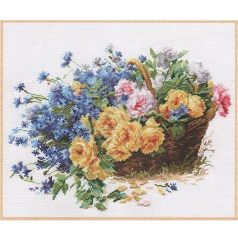 

Набор для вышивки крестом, Золотая коллекция, корзина для цветов, букет из желтых роз и гортензии, alisa-2-27