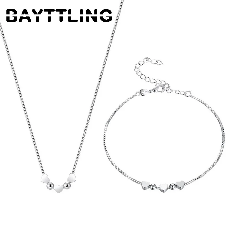 

BAYTTLING 925 Sterling Silver Love Heart Beads Pendant Necklace Bracelet For Women Fashion Jewelry Sets Wedding Gift