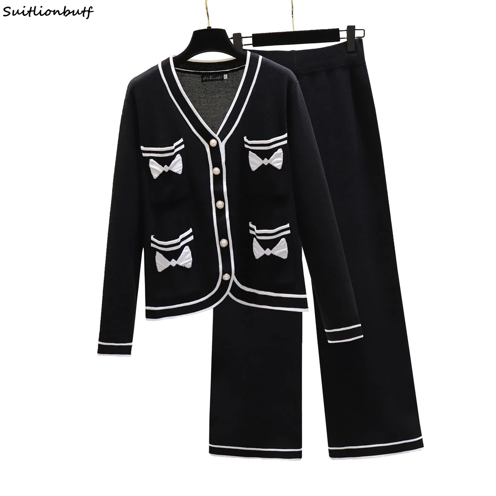 

Elegant Vintage L-4XL Plus Size Knitted 2 Piece Set Women Color-blocked V-neck Pearl Buttons Cardigan Wide Leg Pants Suits 2021