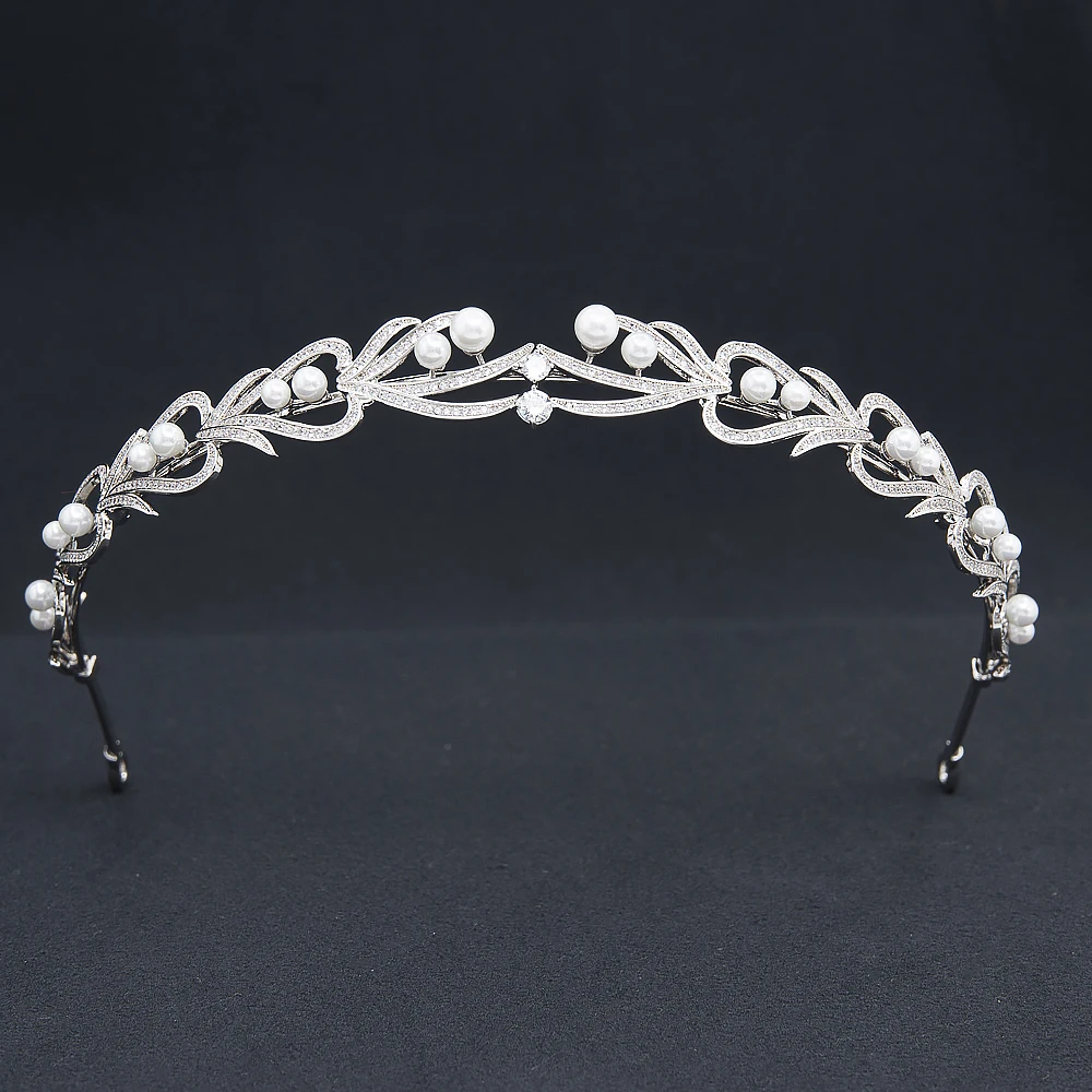 CZ Cubic Zirconia Pearls Tiara for Wedding,Leaves Headband for Girl,Prom,Party Headpiece CH10399