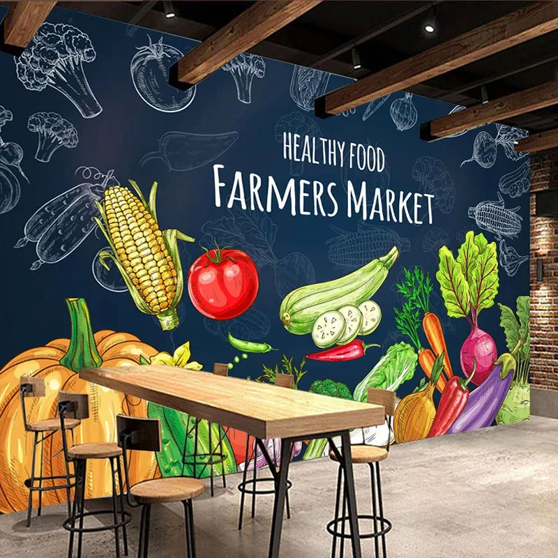 Custom Any Size Mural Wallpaper Hand-painted Blackboard Creative Fruit And Vegetable Supermarket Fruit Shop Backdrop Wall Murals