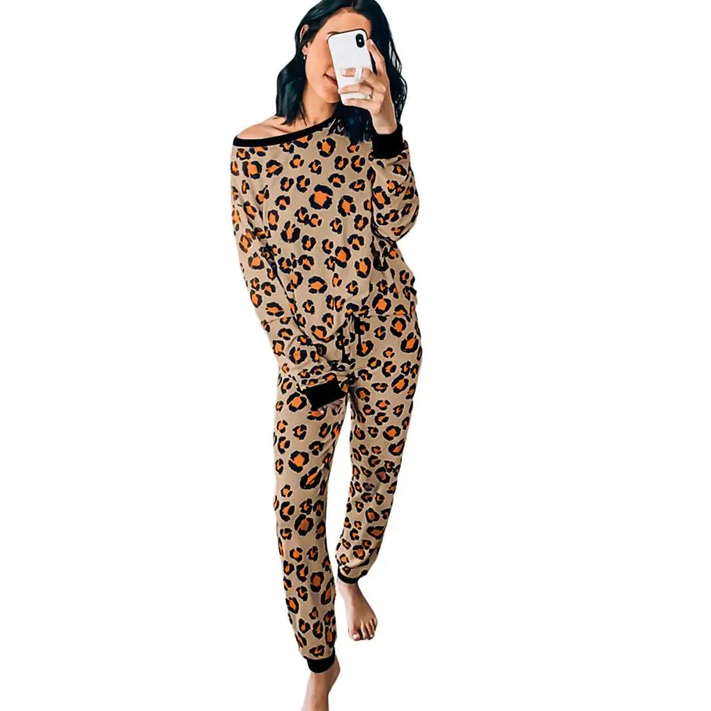 

Women Pajamas Sets Loose Leopard Print Long Sleeve Tops with Drawstring Pants Loungewear Set Two Piece Sets Female Homewear Suit
