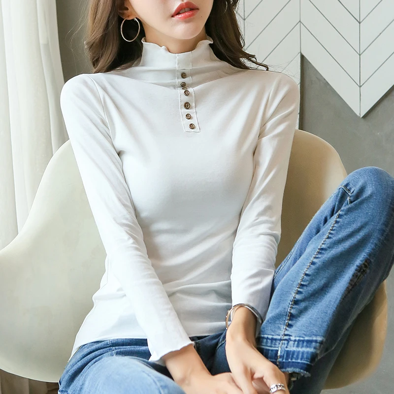 

Тонкая Базовая винтажная водолазка на осень, Женская хлопковая Футболка 2019, повседневные топы с длинным рукавом, женские футболки, пуловер ...