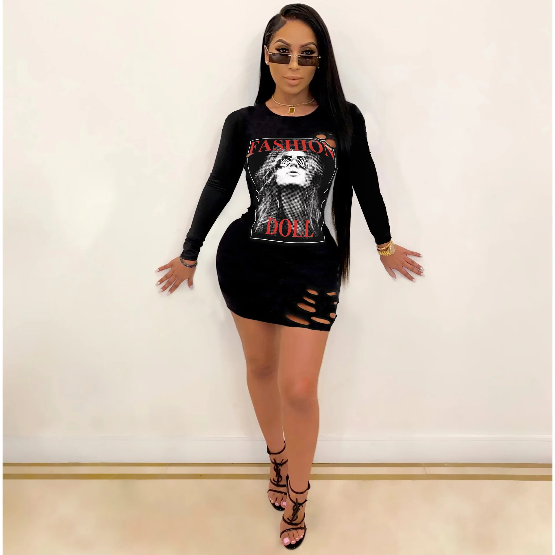 

2020 Autumn Newest Pattern Printed Long Sleeve Mini Bodycon Retro Dresses For Women Hollow Out Sexy Club Outfits