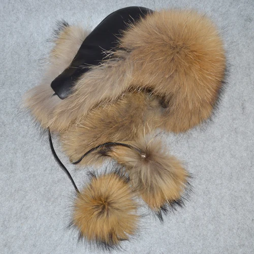 raccoon fur Натуральный Лисий мех шапки-бомберы зимние теплые женские пушистые шапки-ушанки из меха лисы Роскошные качественные женские шапки из натуральной кожи - Цвет: raccoon fur