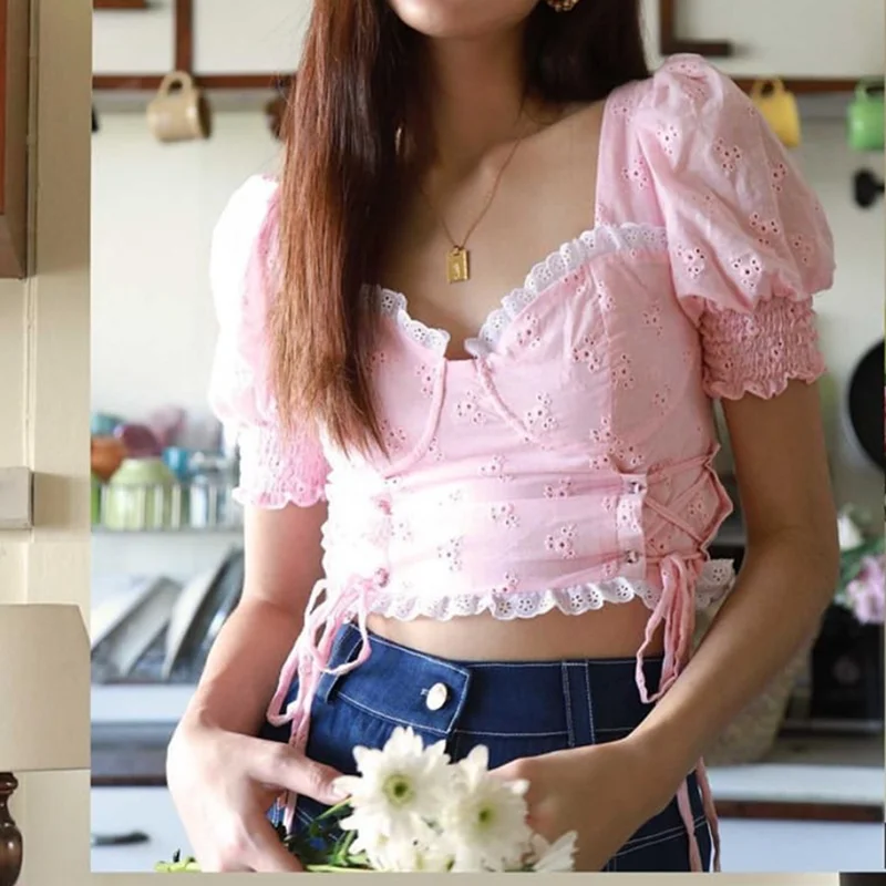 

Chu Sau beauty Women Summer Cropped Tops Women Vintage Casual Square Collar Straps Puff Sleeves Lace Palace Tops Female Blousess