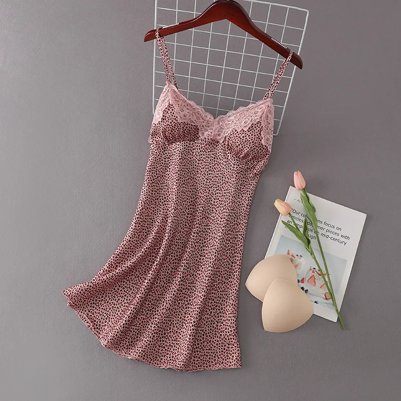 Женская сексуальная ночная рубашка с леопардовым принтом из шелкового атласа