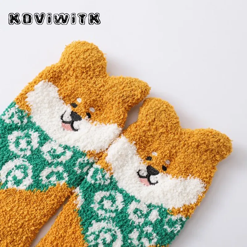 Cartoon Coral Velvet Bear Thickning Socks women cotton Lovely Plush Harajuku Warm Thick sock lady funny cute  Female kawaii sox