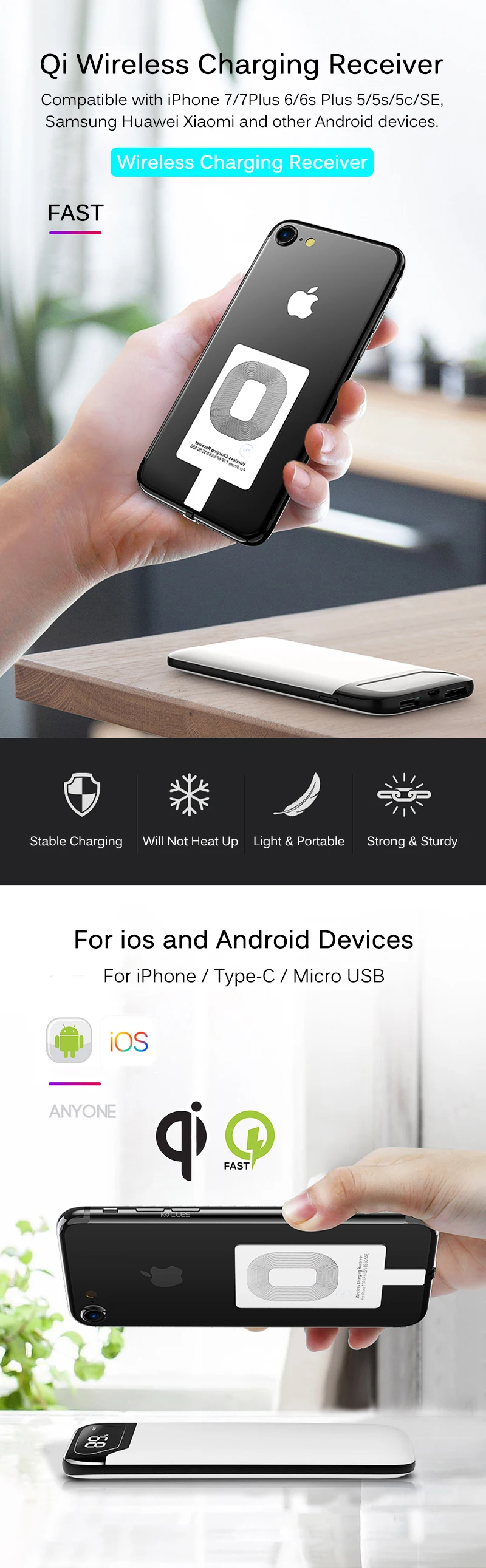 Qi беспроводной зарядный приемник для iPhone 7 6s Plus 5s Micro usb type C универсальное Быстрое беспроводное зарядное устройство для samsung huawei Xiaomi