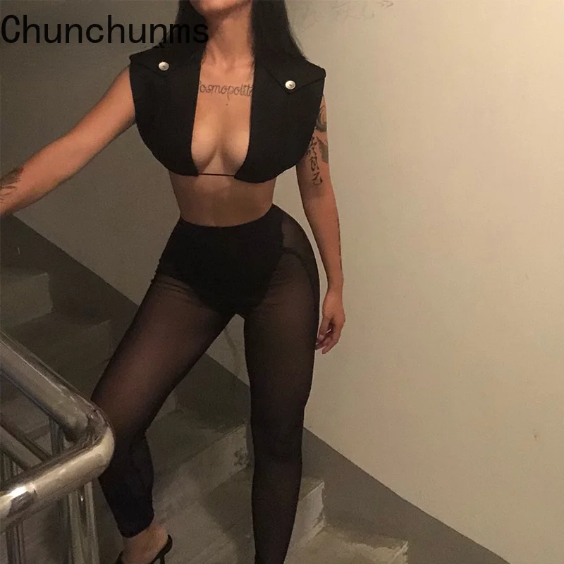 

2021 Sexy Black Crop Top and See Through Pants Set 2 Piece Tank Tops Mesh Leggings Matching Sets Fashion Clubwear Outfits