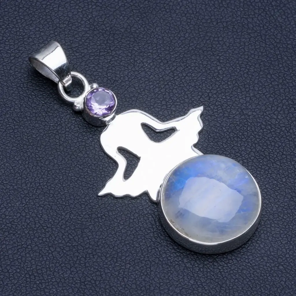

Natural Rainbow Moonstone and Amethyst Punk Style 925 Sterling Silver Pendant 2" R0681