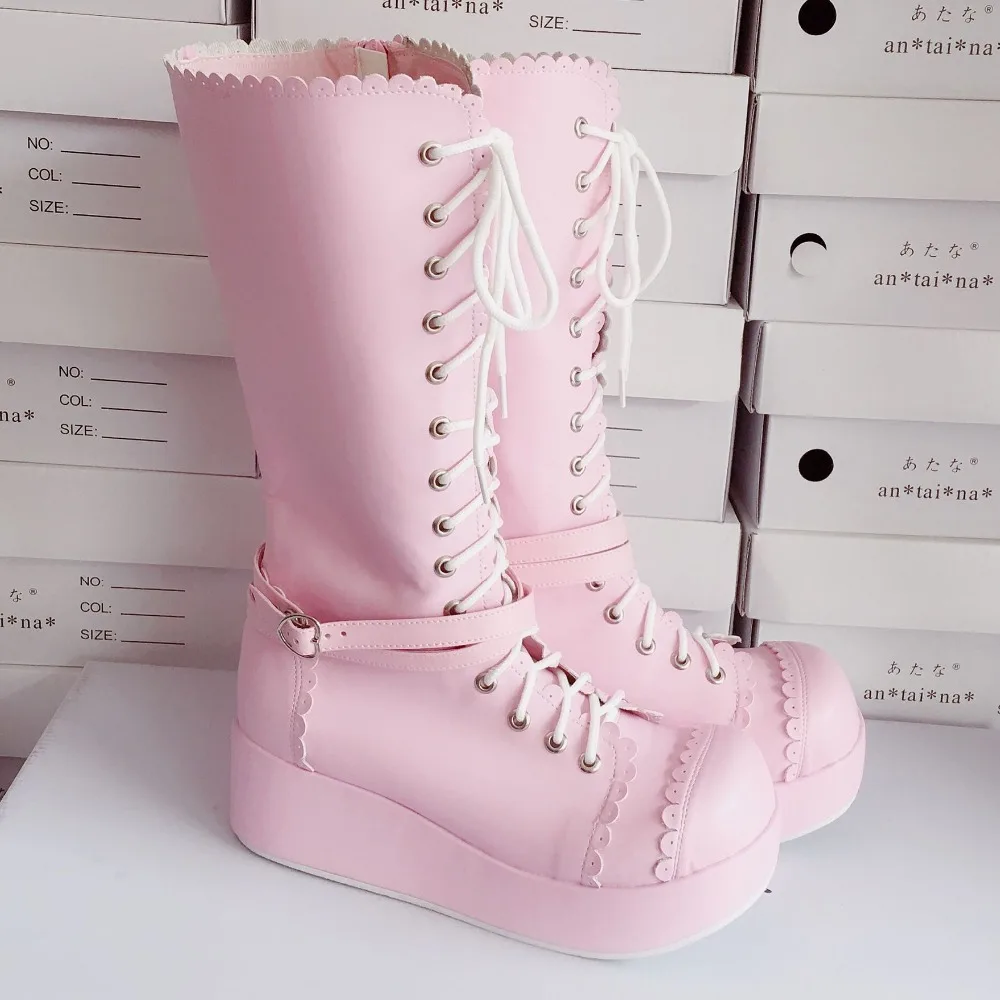 Pink Милые розовые сапоги Лолиты в японском стиле; сапоги принцессы на шнуровке; осенние сапоги на высокой платформе - Цвет: Pink