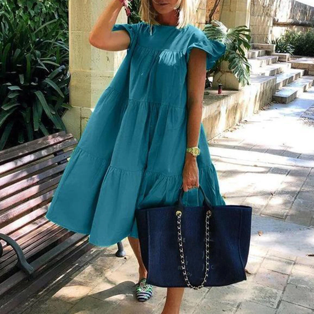 

Summer Dress Women 2020 Casual Loose Petal Short Sleeve Solid Color Bohe A-line Dress Vintage Elegant Party Dress Vestidos