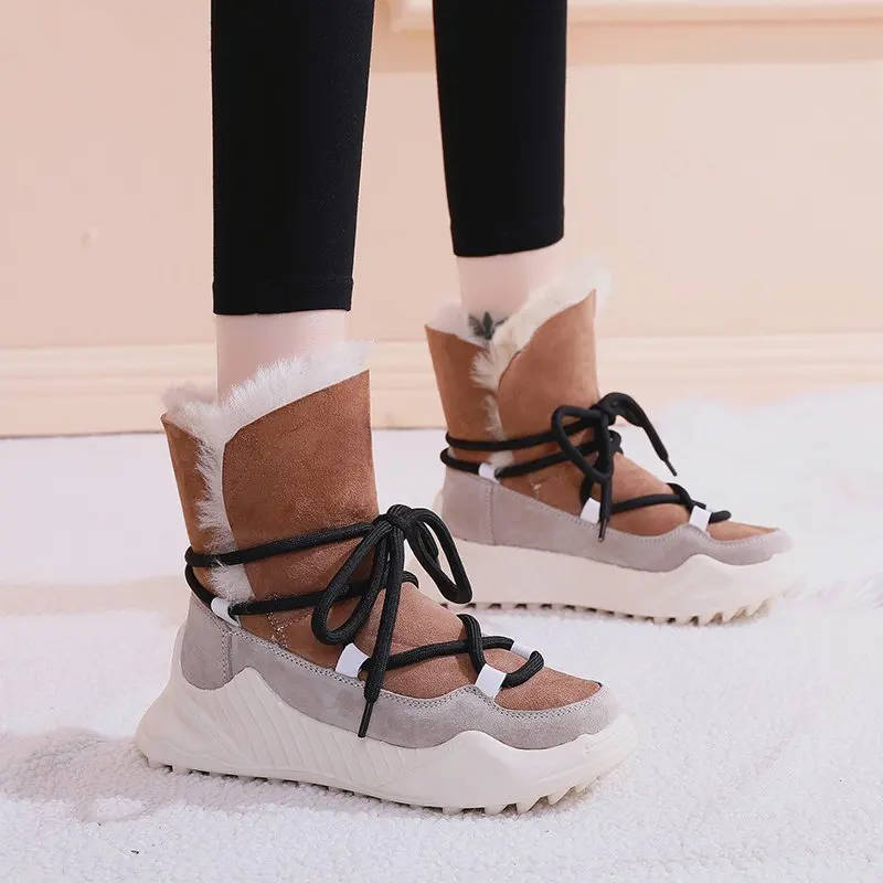 

2020 Leather Women Snow Boots Winter Platform Shoes Ankle Boots for Women Non-slip Keep Warm Wool Womens Sneakers