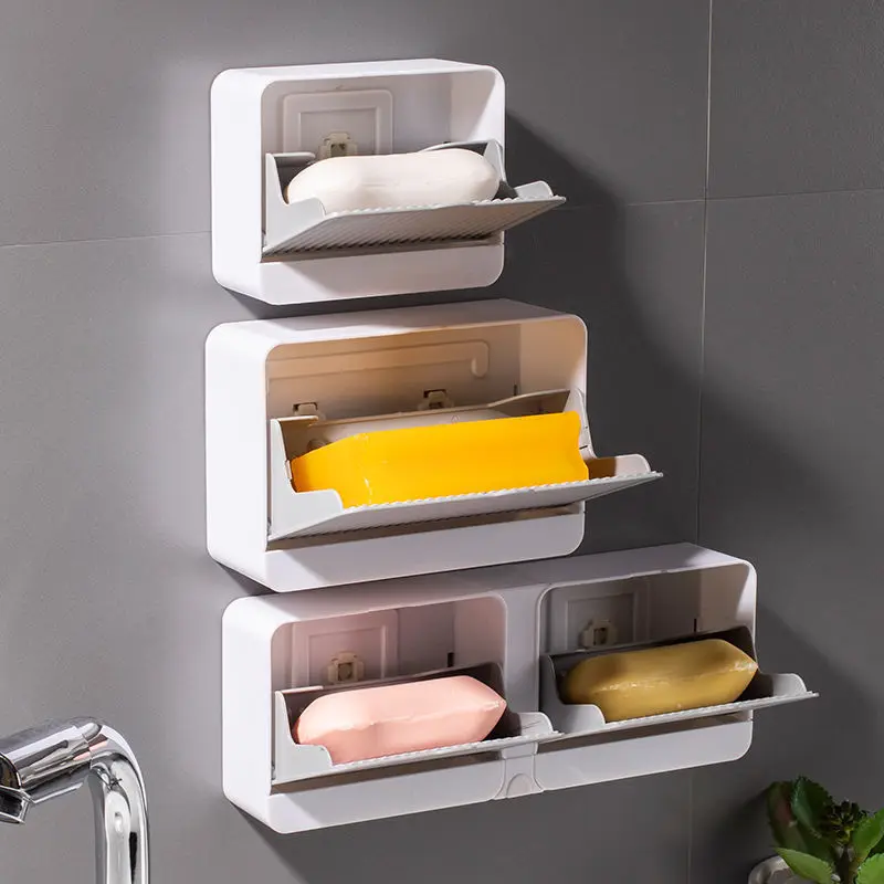 

2021 Latest Creative Wall Mounted Soap Box with Lid Double Grids Soap Draining Rack Bathroom Soap Holder