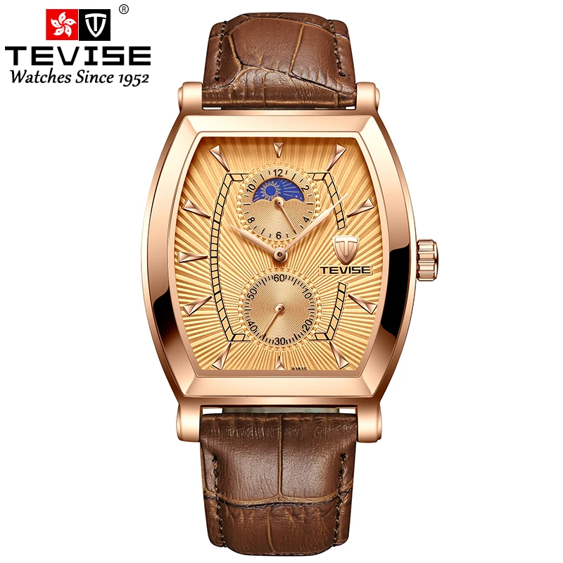 TEVISE 8383S мужские часы Moon Phase настоящие водонепроницаемые кварцевые часы с кожаным ремешком Мужские повседневные наручные часы Relogio Masculino - Цвет: brown gold