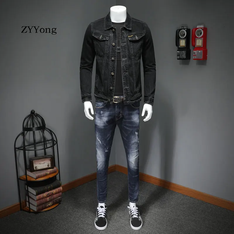 Европейский Стиль однобортный бомбер пилот черная джинсовая куртка Мужские