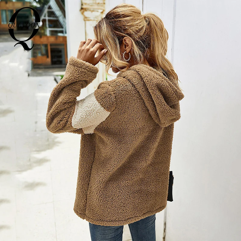 

QUEVOON Patchwork Shaggy Fleece Women Hoodies Streetwear Fashion Casual Sweatshirts Office Style Ladies Winter 2021 New Hoodies