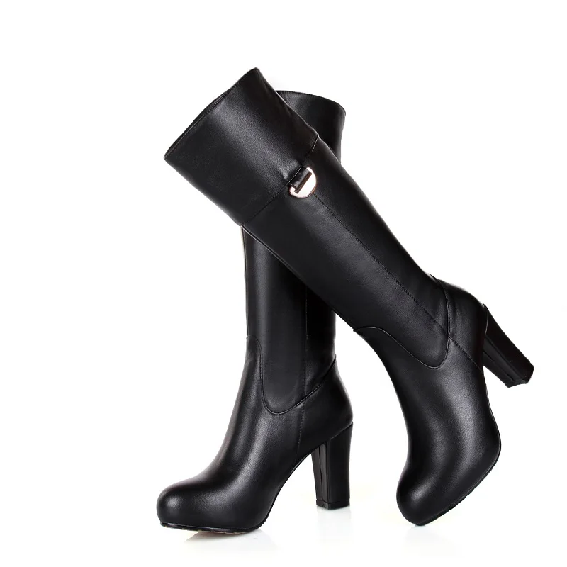 Женские зимние полусапожки из натуральной кожи на толстом высоком каблуке с