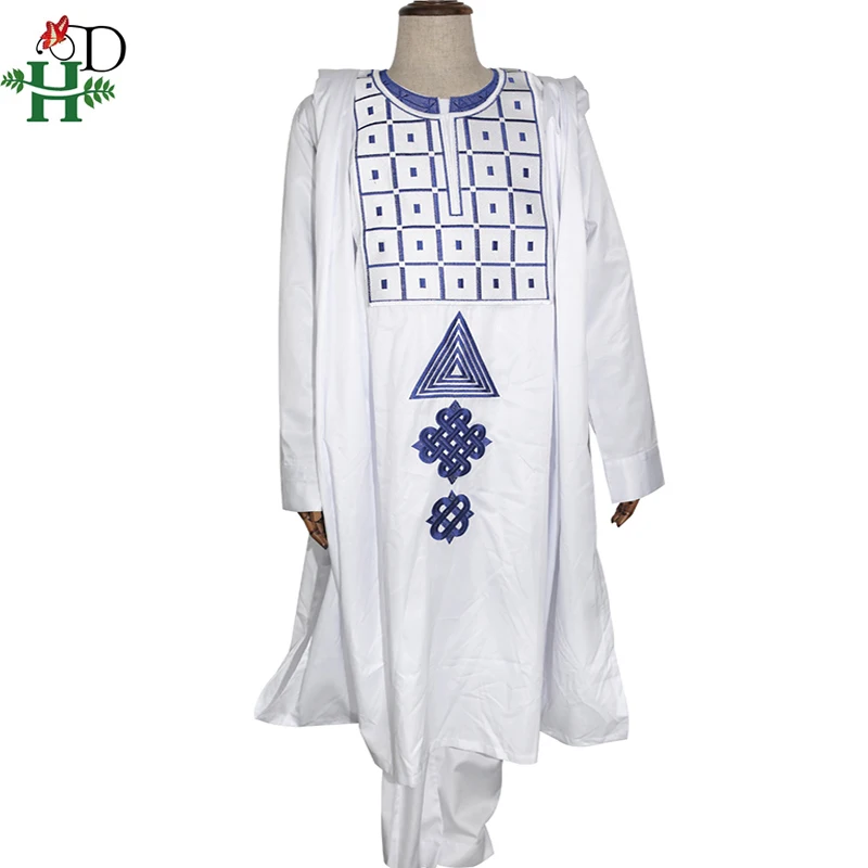 Белый H& D agbada Мужская африканская одежда с длинными рукавами, топы и штаны, костюм с вышивкой Дашики, комплект из 3 предметов, традиционный наряд в африканском стиле - Цвет: Белый