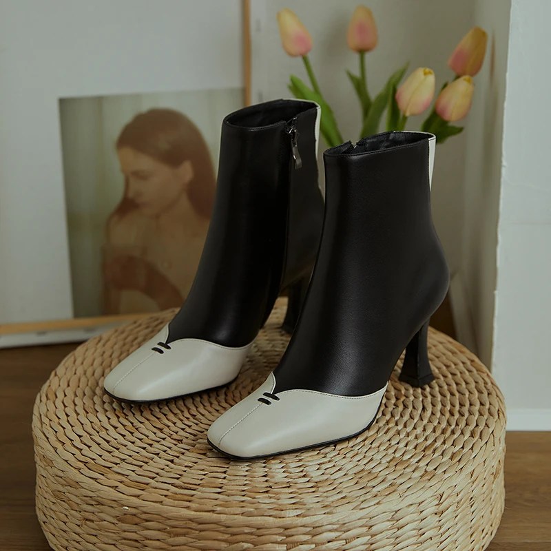 

Office ladies Boots Woman Autumn Winter Genuine Leather Short Boots High Heels Women mixed colors Ankle Boots size 40 41 42