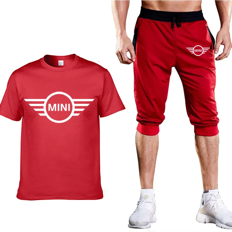 

2021 New Summer Men T-Shirt Mini Car Logo Printing Casual Short Sleeve High Quality Cotton Men's T-shirt+pants 2 Piece Suit