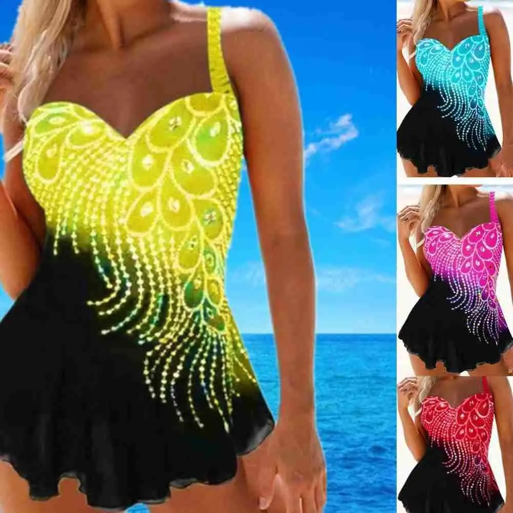 Ladies Swimsuit Feather Printing Hit Color Stitching Sexy Hot AliExpress Bikini Womail Split Women Self-cultivatio E8Q2 | Спорт и