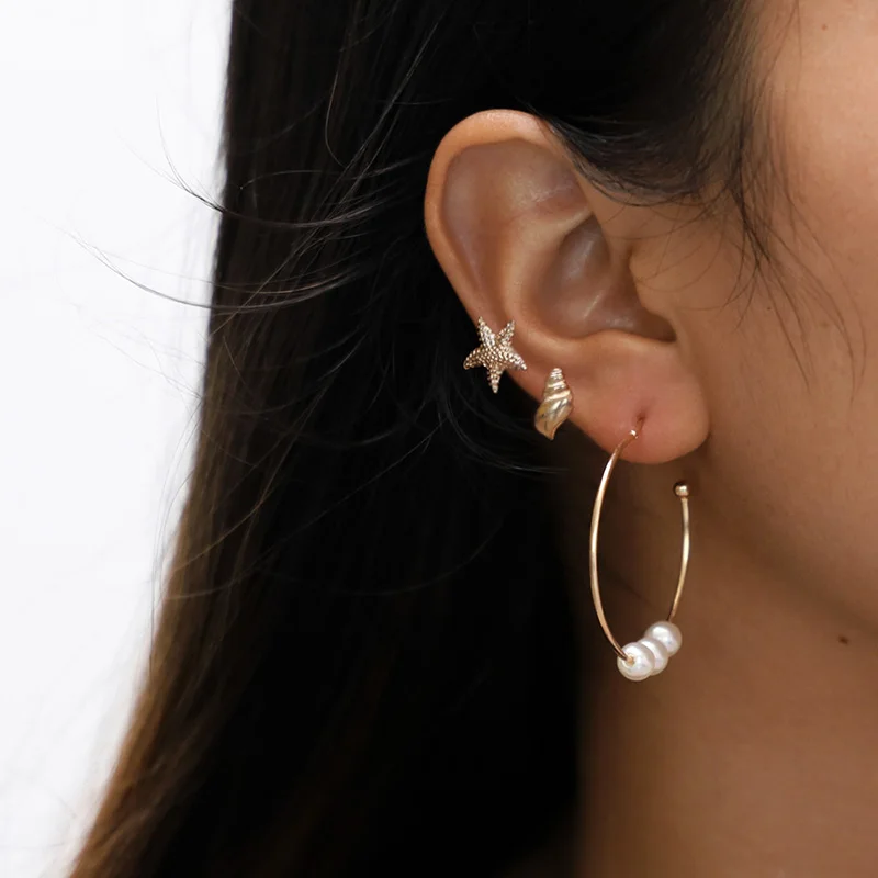 3 пар/уп. новые трендовые пляжные серьги гвоздики модные золотого цвета в виде