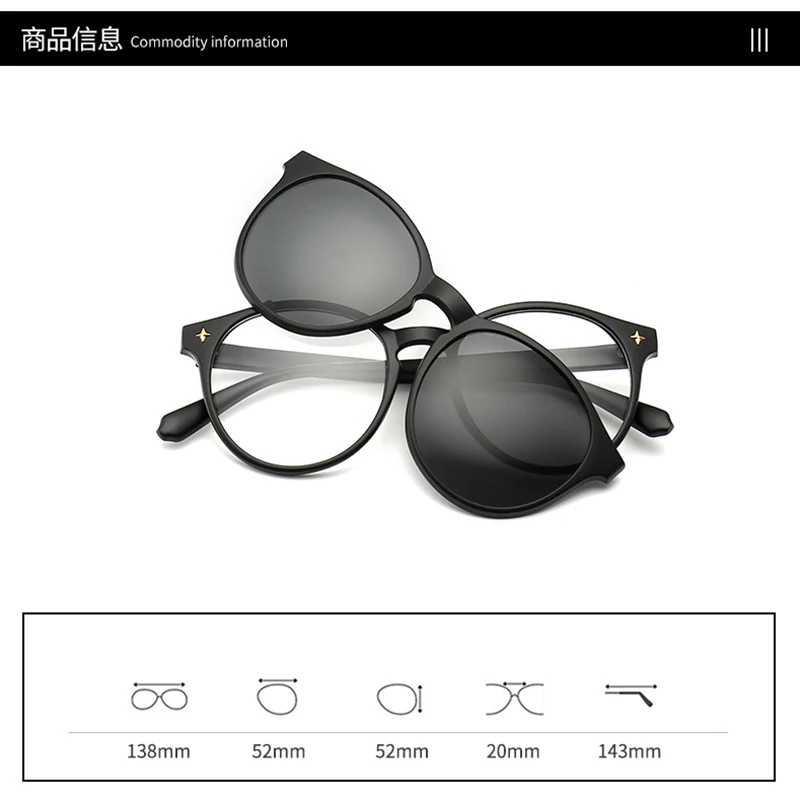 

Fashion Round Optical Spectacle Frame Women With 5 Clip On Sunglasses Polarized Magnetic Glasses For Female Myopia Eyeglasses