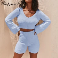 colysmo autumn two piece set women lonng flare sleeve pullover shorts 2 piece outfits womens loungewear set blue 2020 new