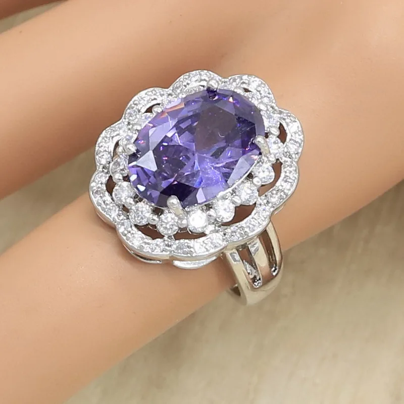 Овальный Фиолетовый Циркон 925 знак серебряного цвета кольцо для женщин ювелирные