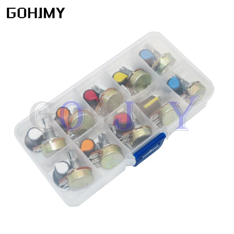 

Набор потенциометров WH148, B1K, 2K, 5K, 10K, 20K, 50K, 100K, 500K, 1 м, 15 мм, Линейный Конус, роторный потенциометр, резистор, набор, 3 контакта с крышкой