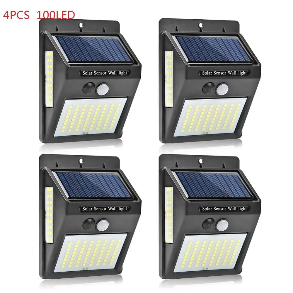 4pc 100 LED 2 100 светодиодный светильник, четырехсторонний солнечный светильник, 3 режима, угол 270 градусов, датчик движения, настенный светильник, наружные водонепроницаемые садовые лампы - Испускаемый цвет: 4pc 100 LED 2