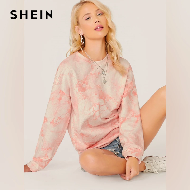 SHEIN Пастельная розовая толстовка с открытыми плечами и галстуком-красителем топы, пуловер для женщин, осенние базовые Женские повседневные толстовки с длинными рукавами