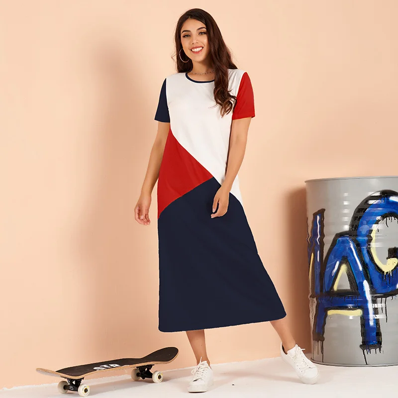 

Summer New Blue Round Neck Short-sleeved Geometric Color Matching Stretch Large Size Ins Wind T-shirt Dress