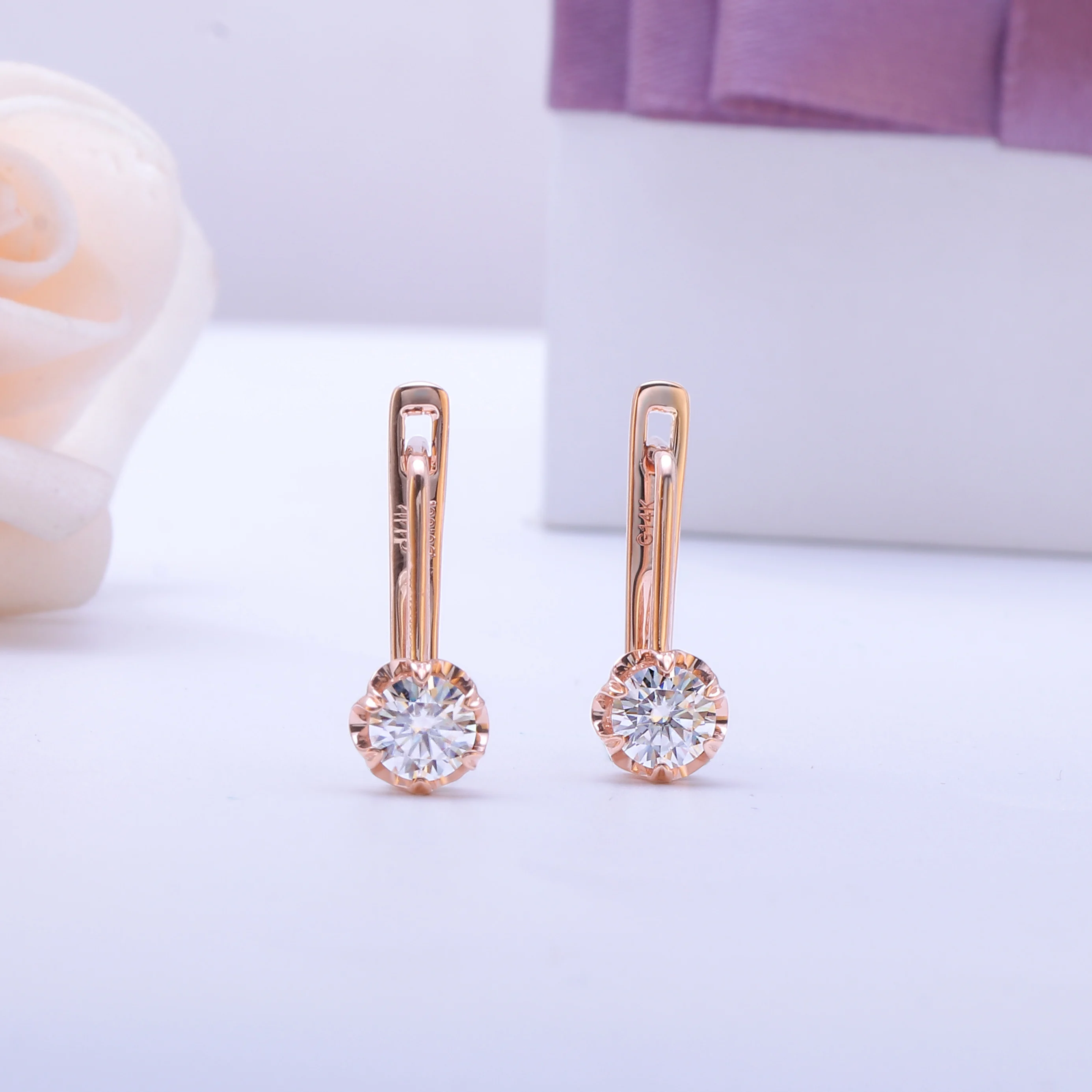 Женские серьги обручи с муассанитом розовое золото 585 пробы 5 мм|gift gifts|gift womengift gold |