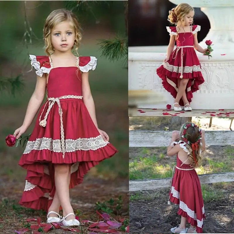 

Wine Red Girls Party Evening Dress Tuxedo Vestidos for Kids Wedding Elegant Short Sleeve Clothes Kids Casual Party Princess Gown