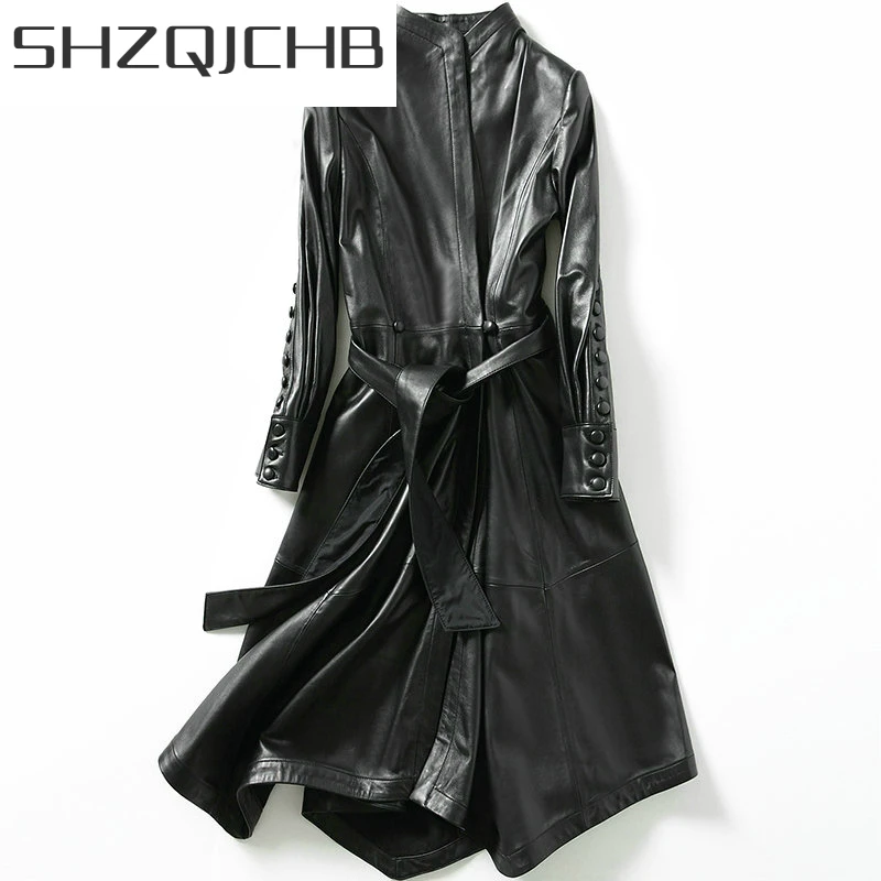 

SHZQ Natural Leather Jacket Women Genuine Leather Coat Female Real Sheepskin Montone Jacket Long Spring Trench Coat LWL1472