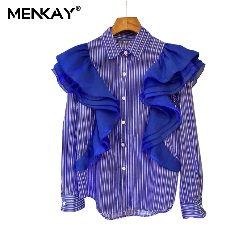

MENKAY 2020 Autumn Women's Blouse Fashion Three-dimensional Ruffle Irregular Lady Top Blusa Lapel Single-Breasted Loose Shirts