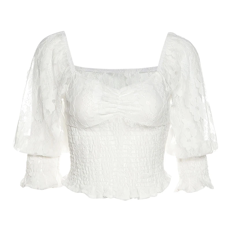 

2021 Summer Lace Slim White T Shirt Women Half Sleeve V Neck Sexy Ruched Waist Clothing y2k Lady Fashion Street Short Top