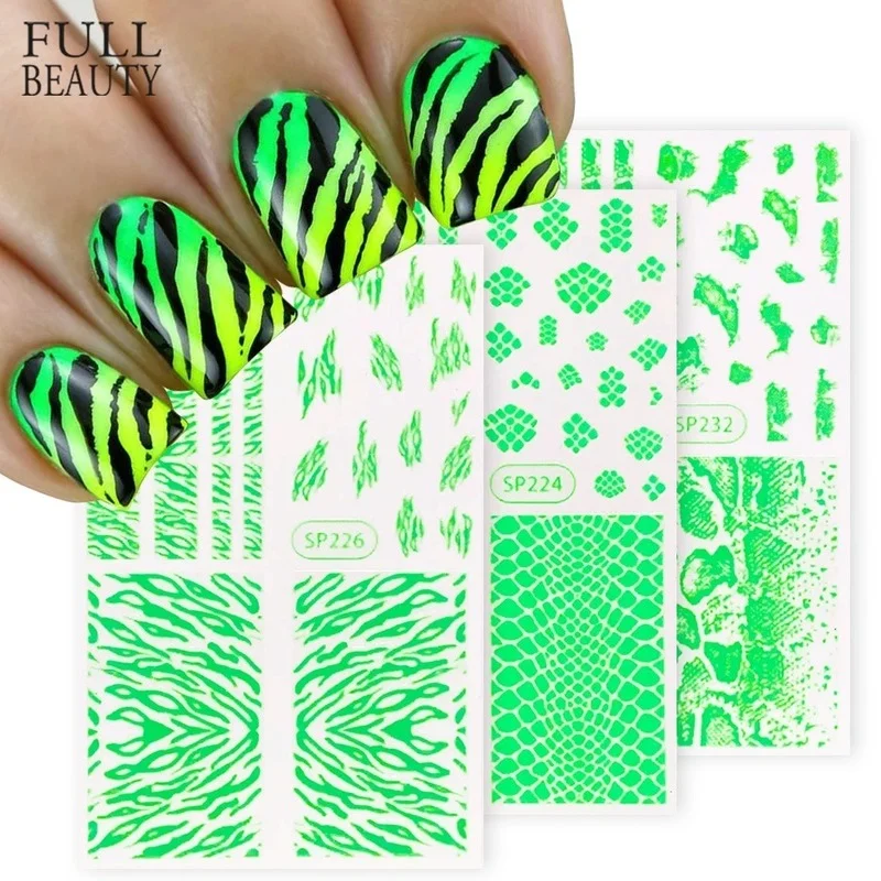 

2021 New Europe Black Green Leopard Print Lines Luminous Nail Art Stickers Gleamy Fluorescent Nail Stickers Decorations Manicure