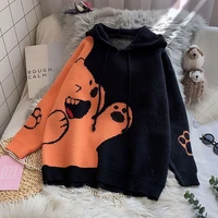2022 winter hooded sweater and pullovers long sleeve bear pattern casual jumpers long sleeve pull femme patchwork chic knit tops